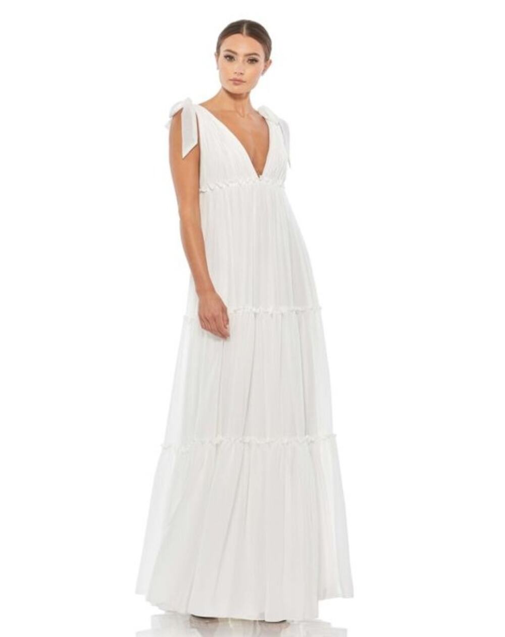 NWT Ieena for Mac Duggal Bow Strap Tiered Skirt White Maxi Dress Size 2, 6